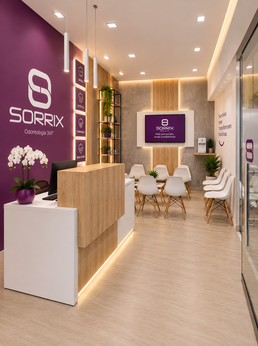 Recepção de clínica Sorrix com parede roxa e sala de espera