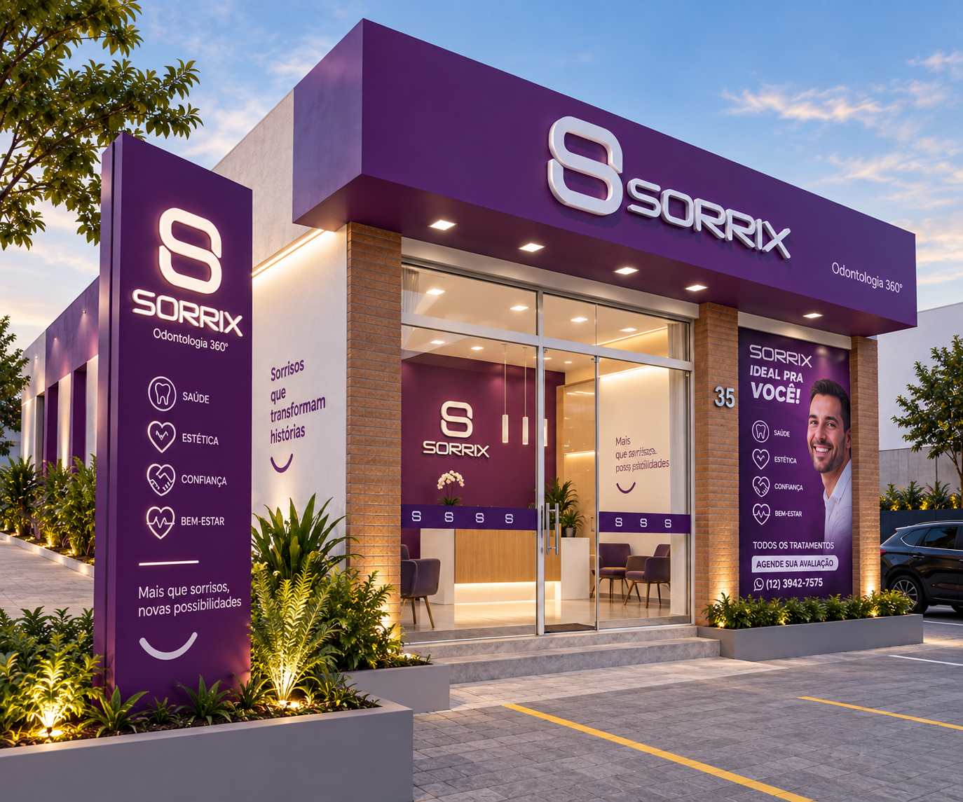 Fachada de uma clínica Sorrix com letreiro roxo e entrada de vidro